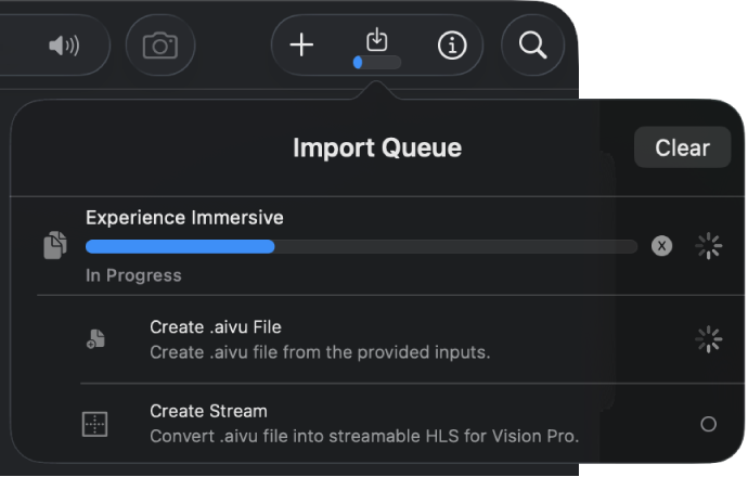 La file d’attente d’importation d’Utilitaire Apple Immersive Video sur Mac affichant un fichier en cours d’importation.
