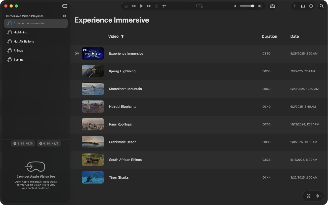 Apple Immersive Videoユーティリティのウインドウ。プレイリストビューが表示されていて、ファイルがリスト表示されています。