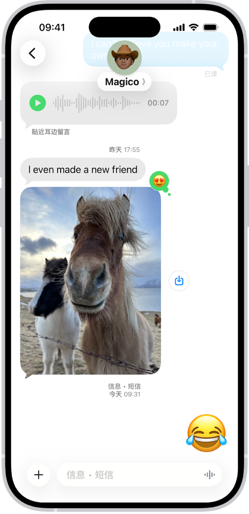 “信息”中的对话。信息气泡为绿色，表示另一个人未使用 iMessage 信息。