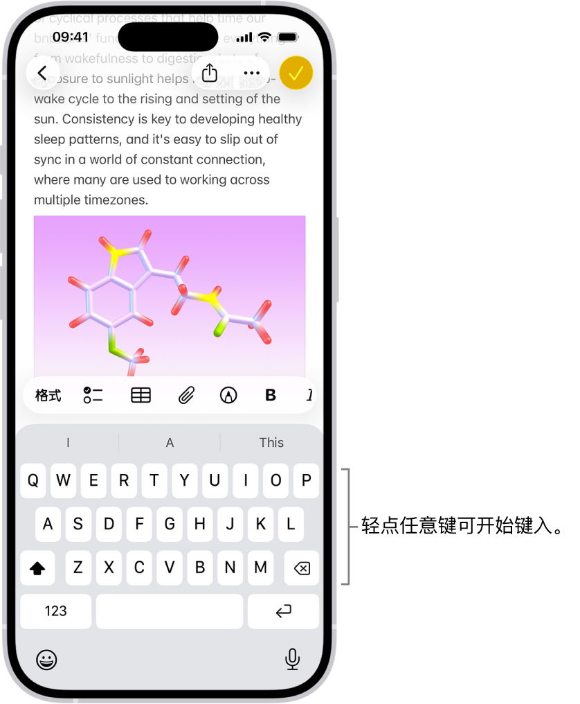 “备忘录” App 中打开的文稿。屏幕键盘位于屏幕下半部分。