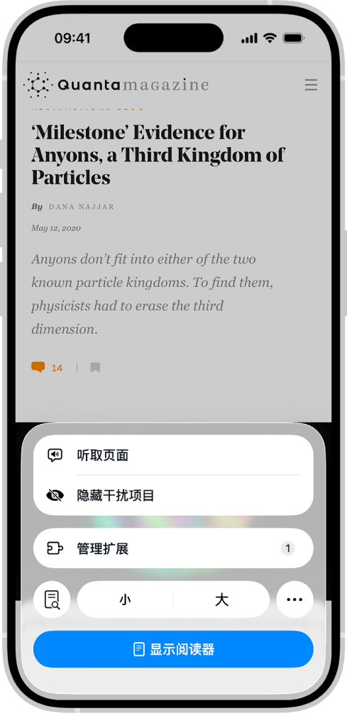 网站在 Safari 浏览器中打开。“页面菜单”按钮已选中,且听取控制显示。