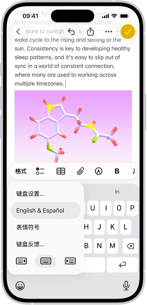 “键盘设置”菜单打开，显示多个键盘选项：“英语”、“西班牙语”、“表情符号”和“键盘反馈”。