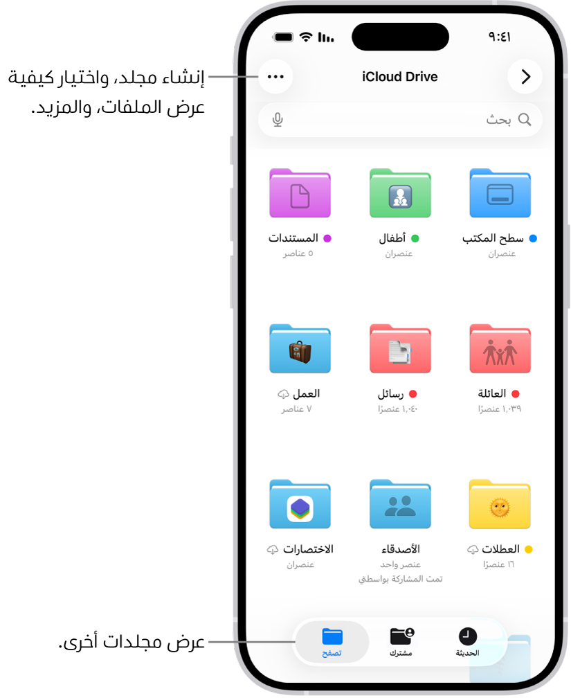 تطبيق الملفات تظهر به ملفات ومجلدات في iCloud Drive. قائمة المزيد تظهر بها خيارات لتحديد عناصر وإنشاء مجلد جديد ومسح المستندات ضوئيًا والاتصال بالخادم. يظهر أسفلها خيارات لعرض العناصر على الشاشة على شكل أيقونات أو قائمة. فس الأسفل تظهر خيارات الفرز حسب الاسم والنوع والتاريخ والحجم والوسوم يليها خيارات العرض.