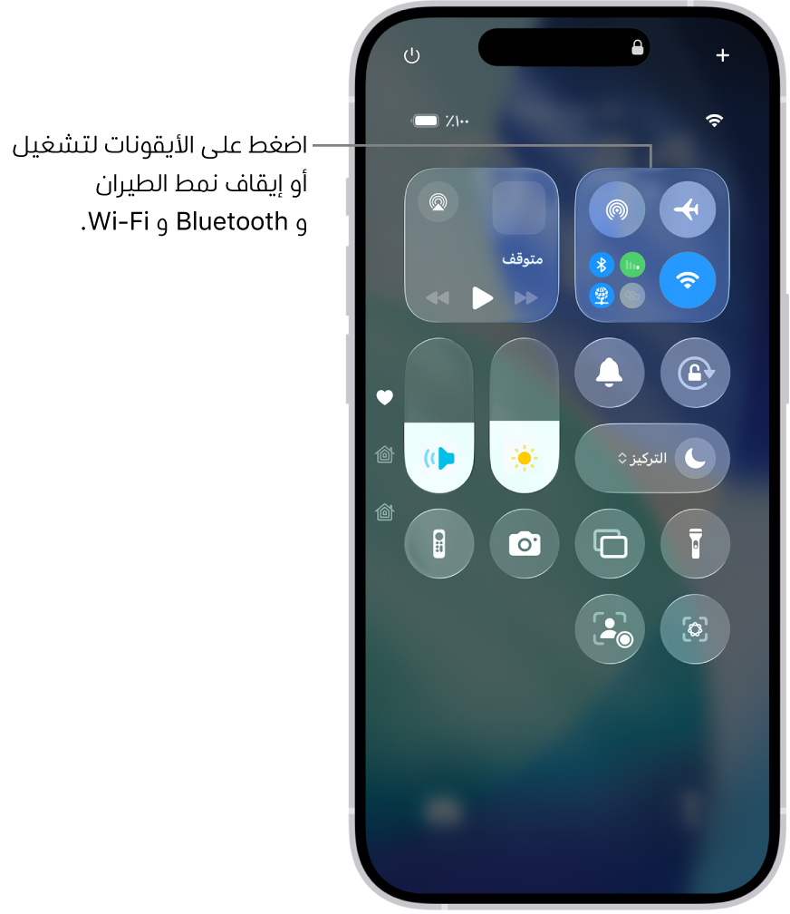 شاشة مركز التحكم يظهر بها أن الضغط على الزر الموجود في الجزء العلوي الأيمن يؤدي إلى تشغيل نمط الطيران.