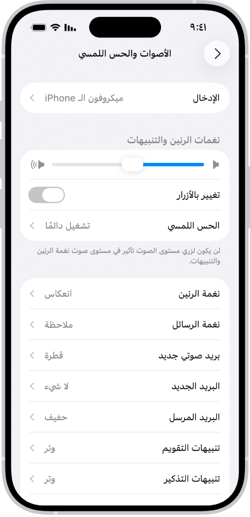 شاشة الأصوات والحس اللمسي في الإعدادات.