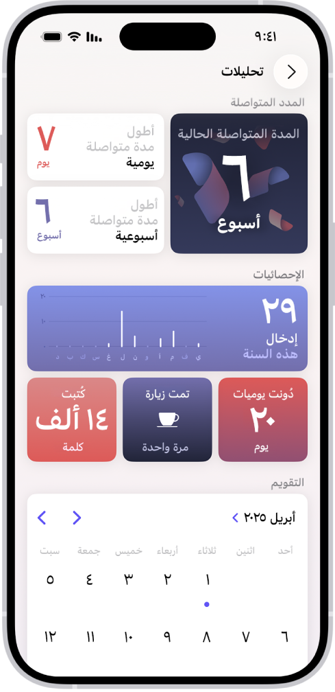 شاشة في تطبيق اليوميات تظهر بها المدة المتواصلة الحالية وقياسات مثل عدد الكلمات المكتوبة.