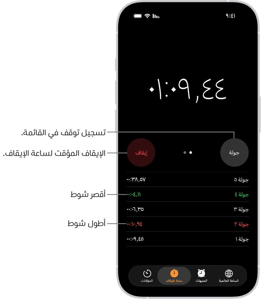 ساعة الإيقاف في تطبيق الساعة وتعرض الوقت الإجمالي المنقضي في حدث ما، وتظهر أسفلها عدة دورات مدرجة ضمن هذا الحدث.