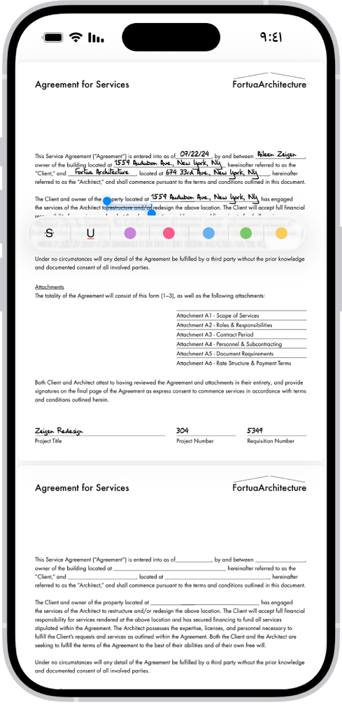 مستند PDF لاتفاقية خدمة في تطبيق المعاينة مع نص مميز ومشطوب. تظهر أزرار تمييز وتسطير ويتوسطه خط أسفل النص.