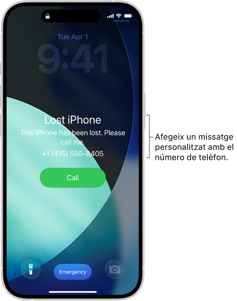 Pantalla bloquejada d’un iPhone amb un missatge d’iPhone perdut. Pots afegir un missatge personalitzat amb el número de telèfon.