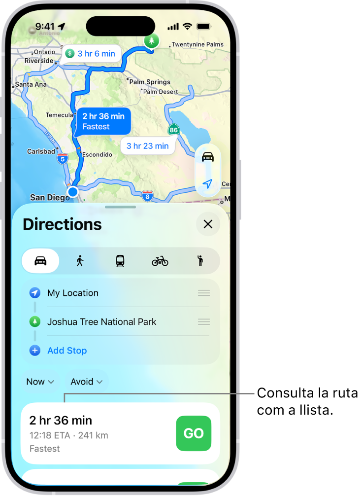 Una targeta amb diverses opcions de ruta.