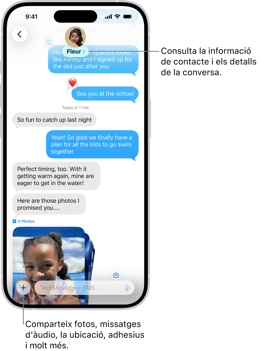 Una conversa de l’app Missatges. El nom de la persona a qui envies el missatge és a la part superior de la pantalla. Pots tocar el seu nom per veure els detalls de la conversa. A l’angle inferior esquerre hi ha el botó “Afegeix”.