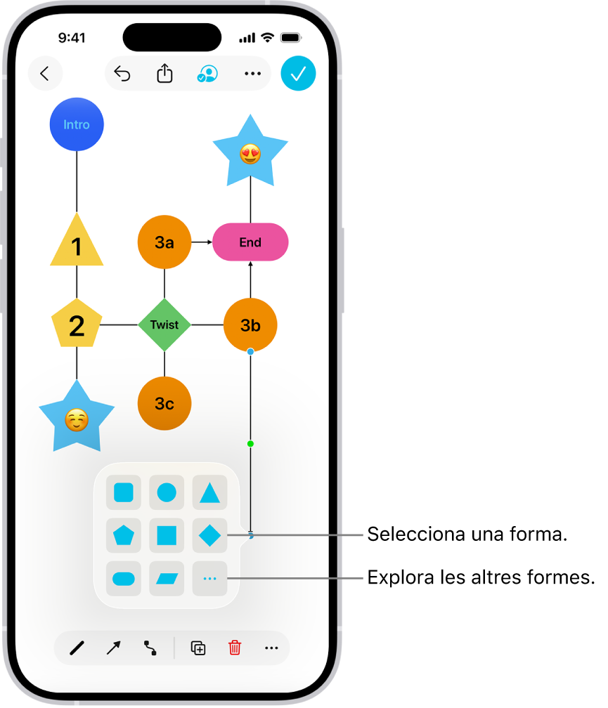En un diagrama d’una pissarra del Freeform s’està afegint una forma nova.