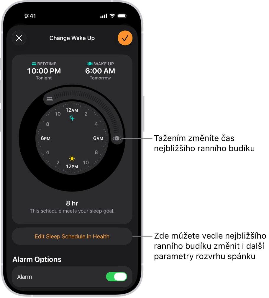 Obrazovka změny nastaveného ranního budíku. Poloha tlačítka Zvonění budíku určuje čas buzení.