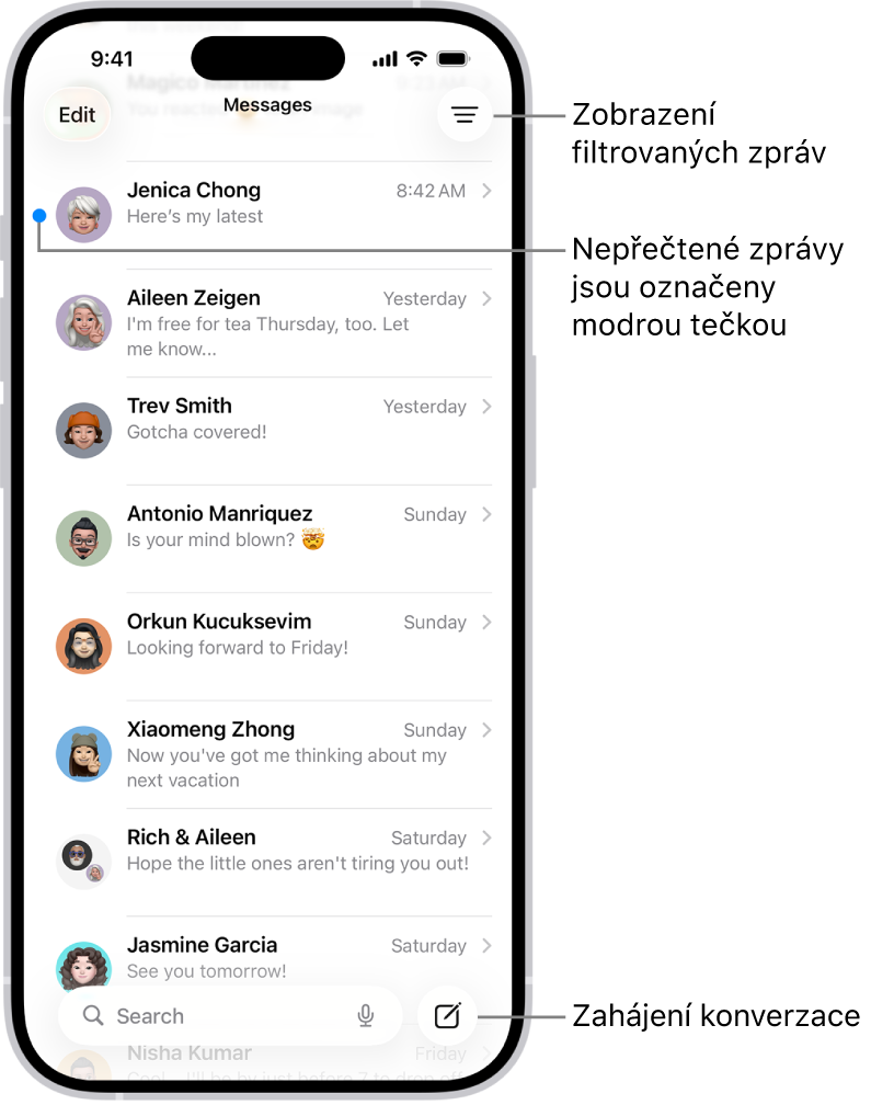 Seznam konverzací v aplikaci Zprávy s tlačítkem Sestavit vpravo dole. Nepřečtené zprávy jsou označeny modrou tečkou vlevo od zprávy.
