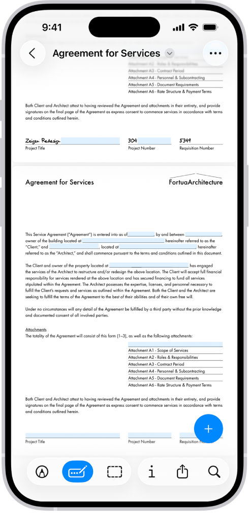 En skærm, der viser en PDF-formular i appen Billedfremviser med fremhævede felter, der kan udfyldes. Nederst på skærmen er knapperne Tilføj note, Markering, Autoudfyld, Beskær, Info, Del og Søg. Knappen Autoudfyld er valgt.