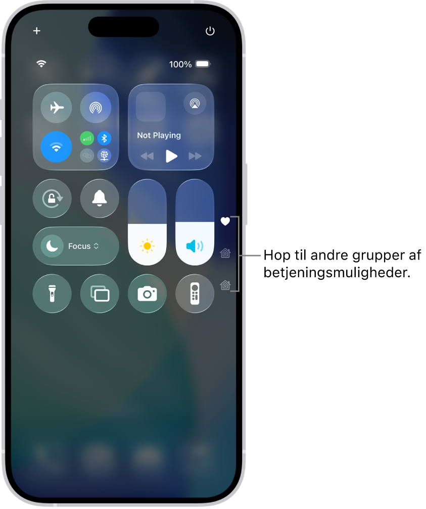 Kontrolcenter er åben på iPhone-skærmen med symboler til højre til at se andre grupper af betjeningsmuligheder.