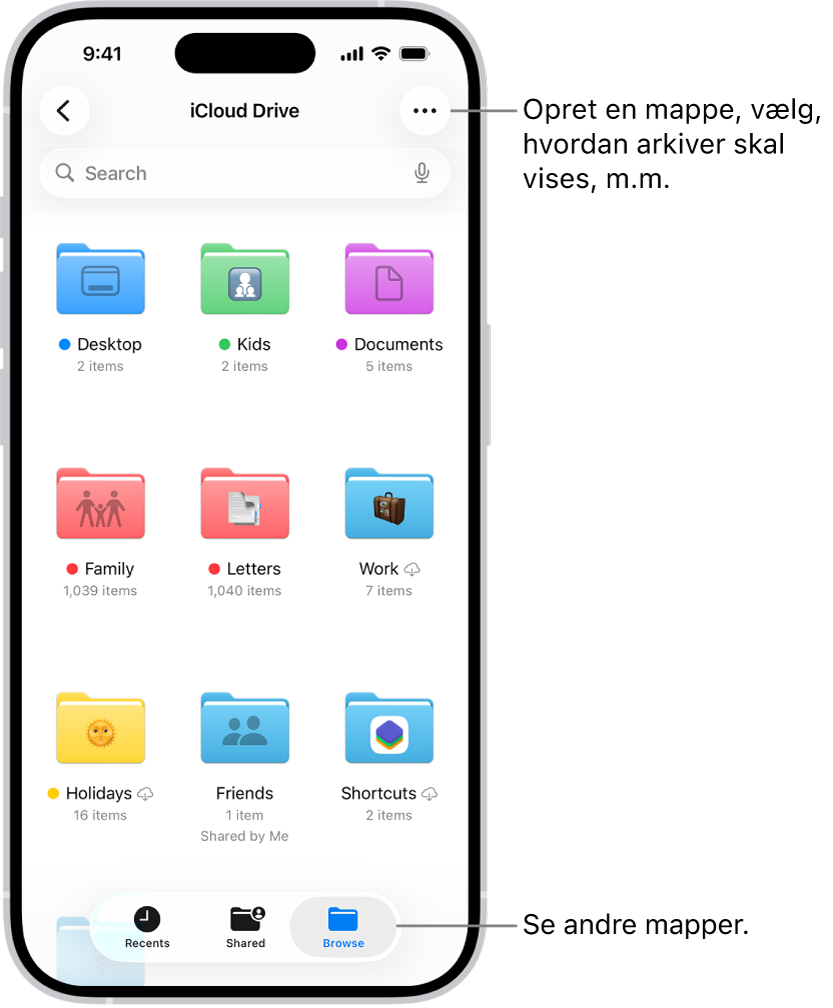 Appen Arkiver viser arkiver og mapper i iCloud Drive. Menuen Mere har muligheder til at vælge emner, oprette en ny mappe, scanne dokumenter og oprette forbindelse til server. Derunder findes muligheder til at se emner på skærmen som symboler eller en liste. Nederst på skærmen findes muligheder for sortering efter Navn, Type, Størrelse og Mærker efterfulgt af Oversigtsvalg.