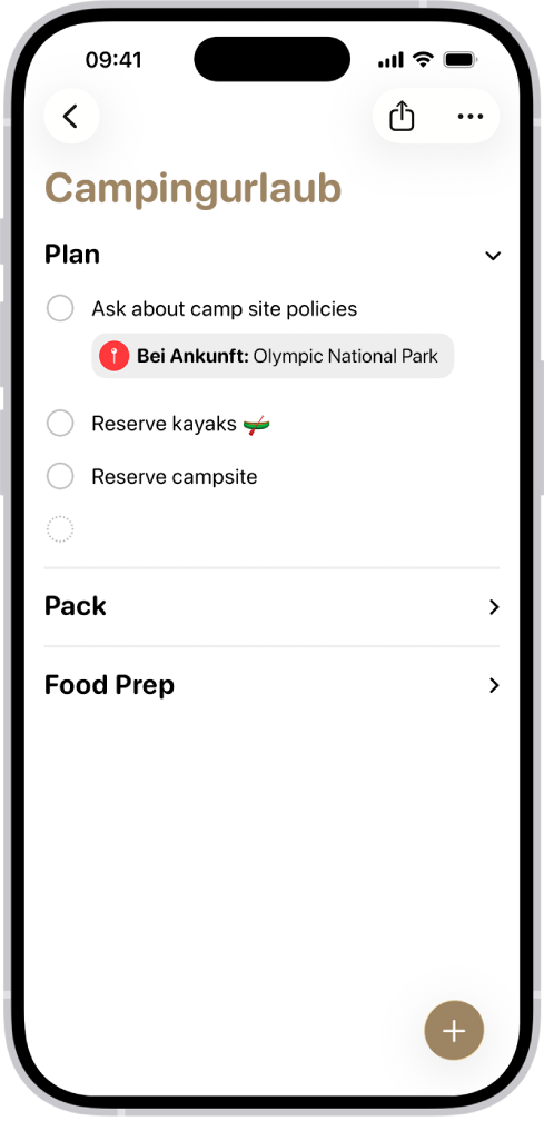 Die App „Erinnerungen“ zeigt eine Liste mit einem erweiterten Bereich und anderen, reduzierten Bereichen an.