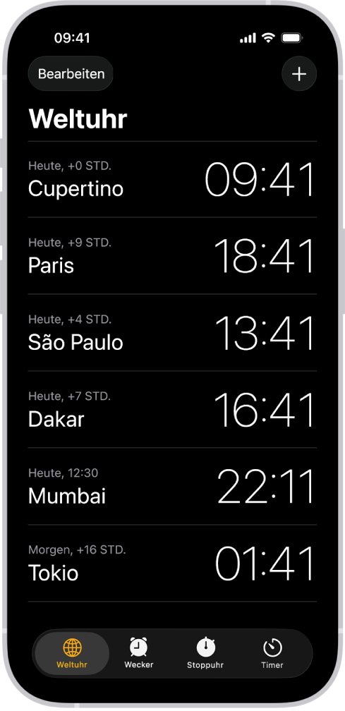 Der Tab „Weltuhr“ mit der Uhrzeit in verschiedenen Städten. Mit der Taste „Bearbeiten“ oben links kannst du Uhren neu anordnen oder löschen. Mit der Taste „Hinzufügen“ oben rechts kannst du weitere Uhren hinzufügen. Unten befinden sich Tasten „Weltuhr“, „Wecker“, „Stoppuhr“ und „Timer“.