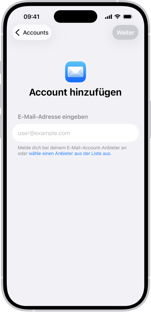Der Bildschirm „Account hinzufügen“ mit einem Feld zum Eingeben deiner E-Mail-Adresse.