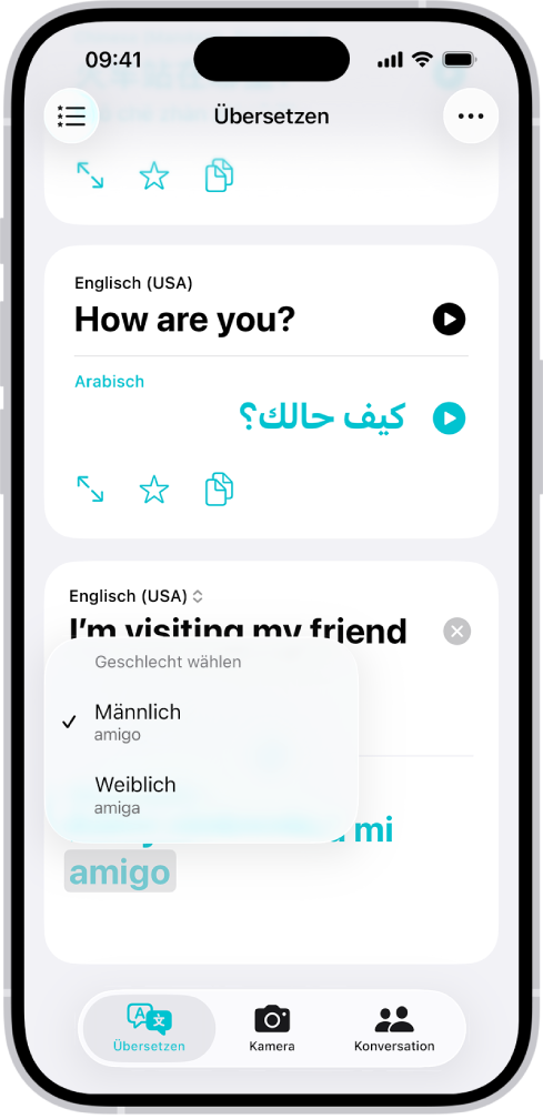 Der Tab „Übersetzen“ mit einem Satz, der vom Englischen ins Spanische übersetzt wurde, und einem Wort in grauer Hervorhebung, unter dem verschiedene Geschlechtervarianten aufgelistet sind.