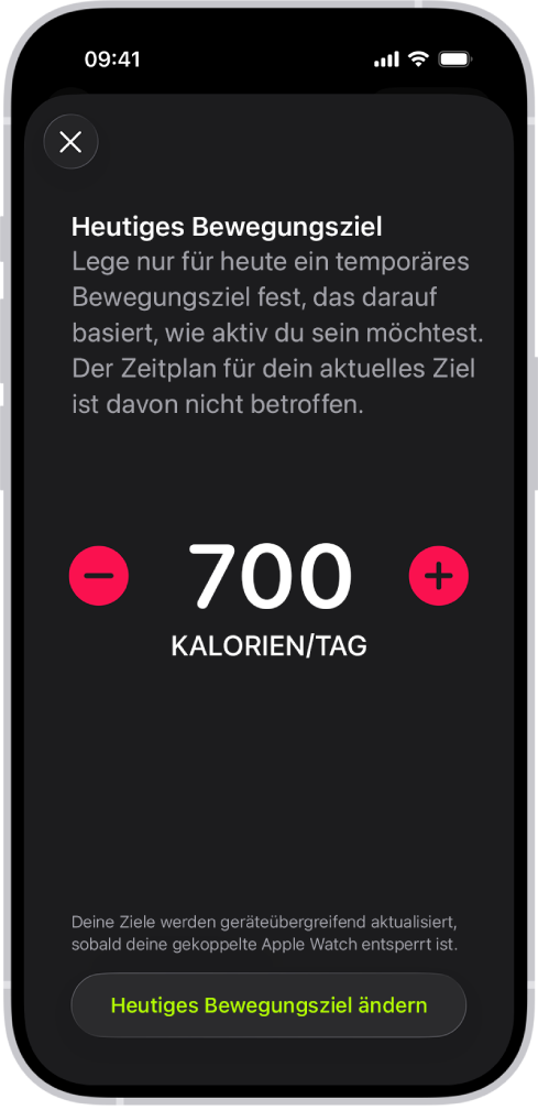 Der Bildschirm „Zeitplan für Bewegungsziel“ der App „Fitness“ zeigt Tasten zum Erhöhen oder Verringern des täglichen Bewegungsziels für jeden Wochentag.