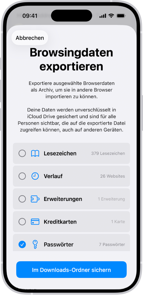 Der Bildschirm „Browsingdaten exportieren“ mit der ausgewählten Option „Passwörter“ für das Exportieren zu einem anderen Passwortmanager.