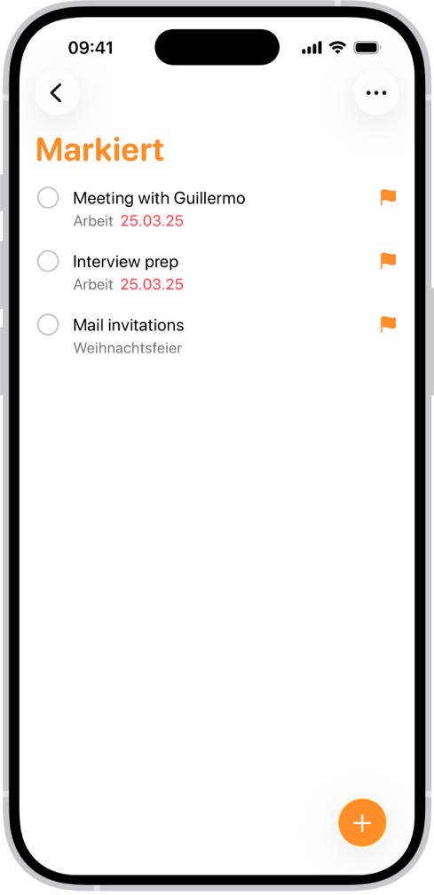Die intelligente Liste „Markiert“ in der App „Erinnerungen“, die automatisch alle Erinnerungen, die markiert wurden, in einer einzelnen, zusammengefassten Liste sammelt.