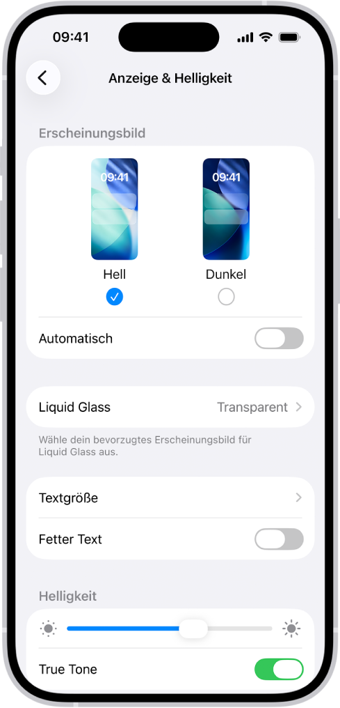 Der Bildschirm für das Display und die Helligkeit in den Einstellungen.