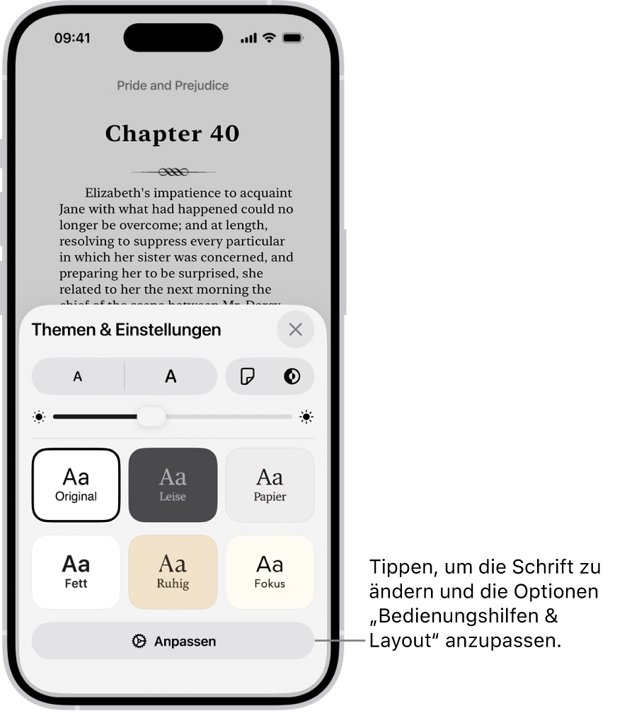 Eine Buchseite in der App „Bücher“. Die Optionen „Themen & Einstellungen“ mit Steuerelementen für Schriftgröße, Scrollansicht, Stil zum Umblättern, Helligkeit sowie Schriftoptionen