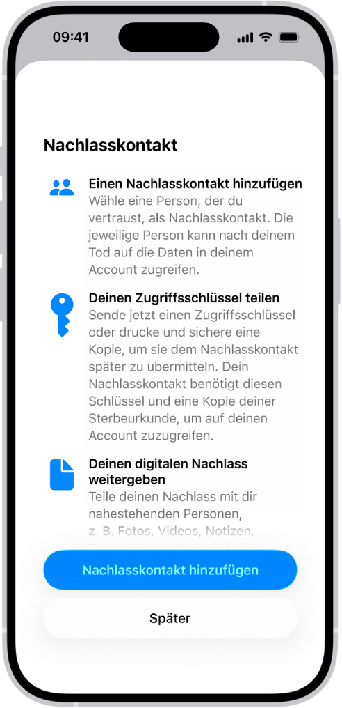 Der Bildschirm „Wiederherstellungskontakt“ zeigt vorgeschlagene Kontakte, die als Wiederherstellungskontakte gewählt werden können, sowie die Option, eine andere Person auszuwählen.