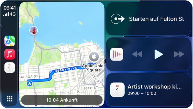 Ein CarPlay-Dashboard mit den Optionen „Karten“, „Musik“ und „Nachrichten“ in der Seitenleiste. Auf der rechten Seite werden eine Karte des Apple Park, ein Navigationsfenster und ein Wiedergabefenster angezeigt.