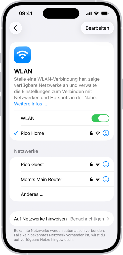 Der Bildschirm mit den WLAN-Optionen in „Einstellungen“. WLAN ist aktiviert und ein neues Netzwerk ist ausgewählt.