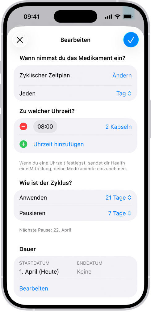 Der Bildschirm „Medikamente“ in der App „Health“ mit Optionen zum Ändern des Zeitplans für die Medikamenteneinnahme.