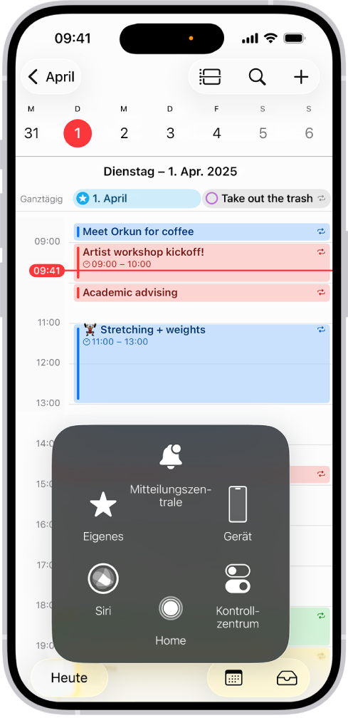 Ein iPhone mit dem angezeigten Menü für AssistiveTouch und den Steuerelementen „Mitteilungszentrale“, „Gerät“, „Kontrollzentrum“, „Home“, „Gesten“ und „Eigene“.