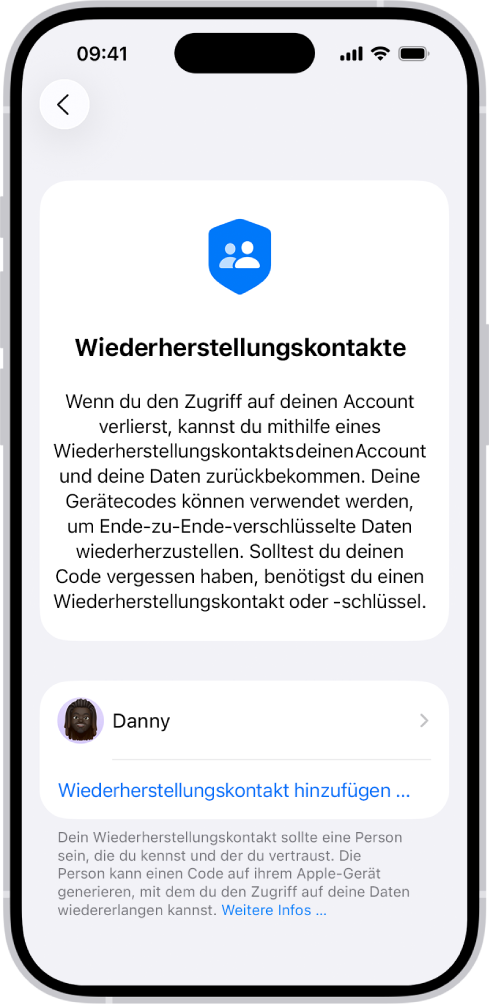 Der Bildschirm „Wiederherstellungskontakt hinzufügen“.