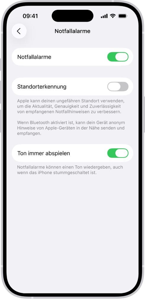 Der Bildschirm „Notfallhinweise“ mit den aktivierten Optionen „Notfallhinweise“, „Standorterkennung“ und „Ton immer abspielen“