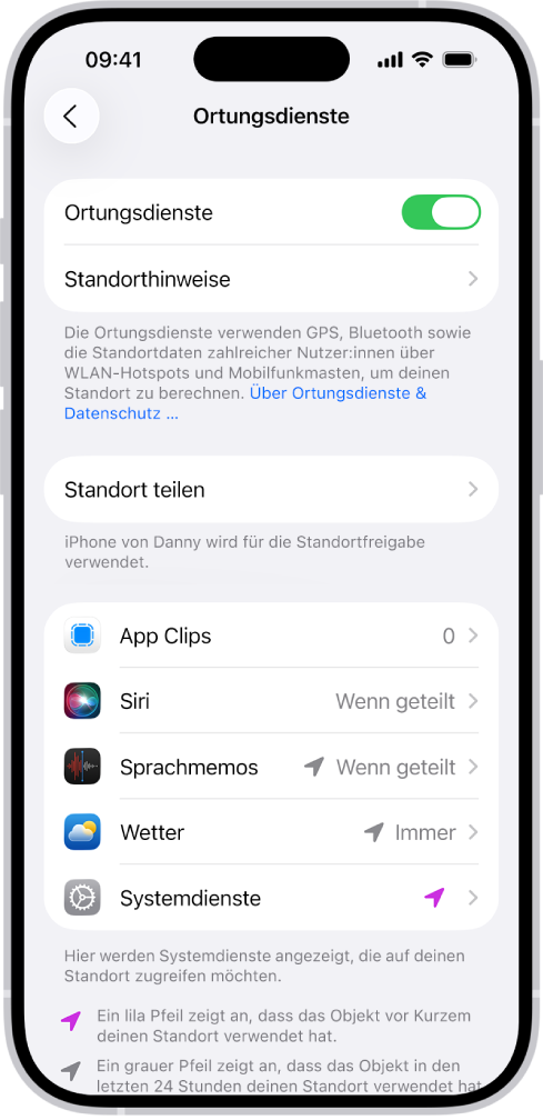 Der Bildschirm „Ortungsdienste“ mit Einstellungen für die Freigabe des Standorts deines iPhone für Apps.