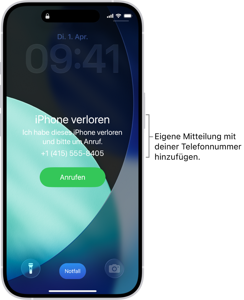 Ein iPhone-Sperrbildschirm mit der Nachricht „iPhone verloren“. Du kannst eine eigene Nachricht mit deiner Telefonnummer hinzufügen.