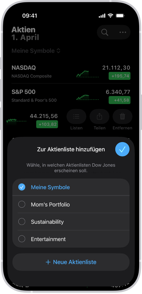 Eine Liste mit angepassten Aktienlisten in der App „Aktien“: „Meine Symbole“, „Portfolio von Mama“, „Nachhaltigkeit“ und „Unterhaltung“.