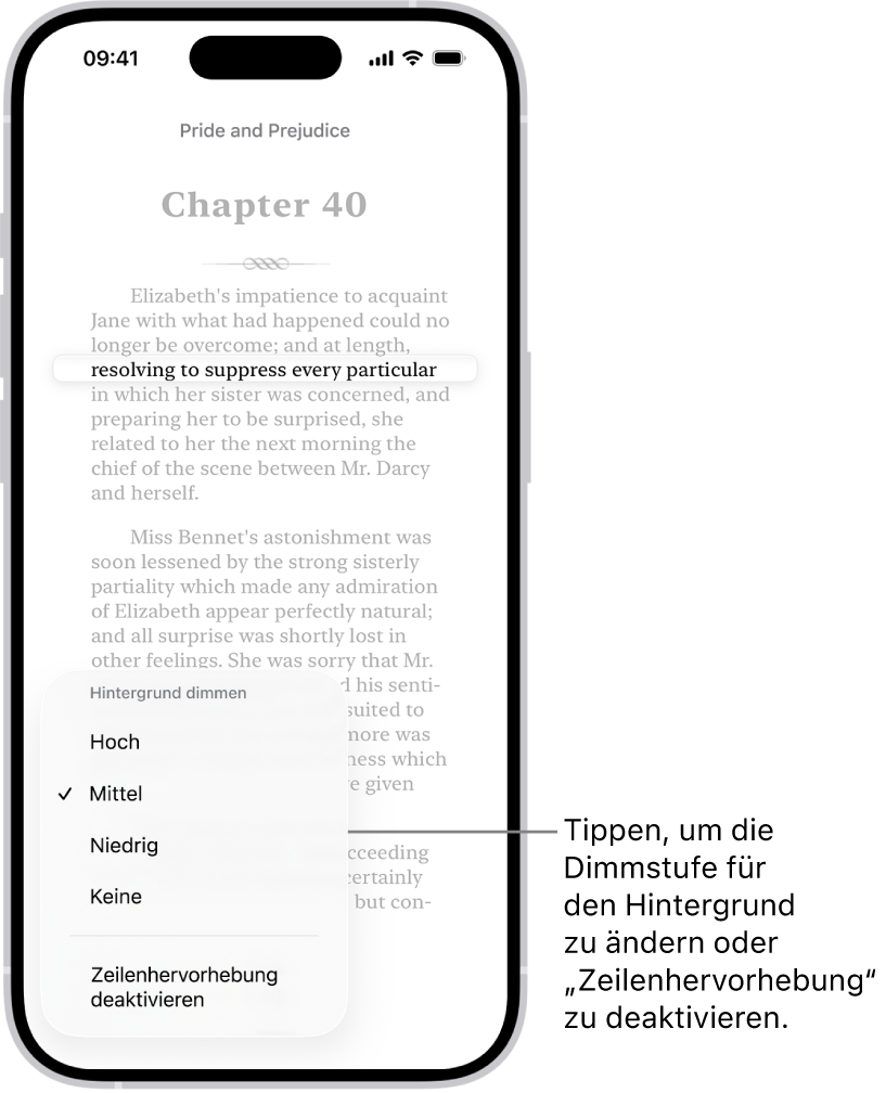 Eine Buchseite in der App „Bücher“. Eine Textzeile ist hervorgehoben und der übrige Text abgeblendet. Unten links auf der Seite ist das Menü „Zeilenhervorhebung“.