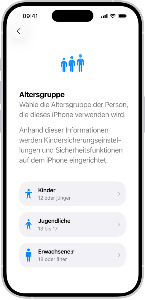 Der Konfigurationsbildschirm „Altersgruppen“. Drei Altersgruppen werden aufgeführt: „Kind“ (12 Jahre oder jünger), „Teen“ (13 bis 17) und „Erwachsene:r“ (18 Jahre oder älter).