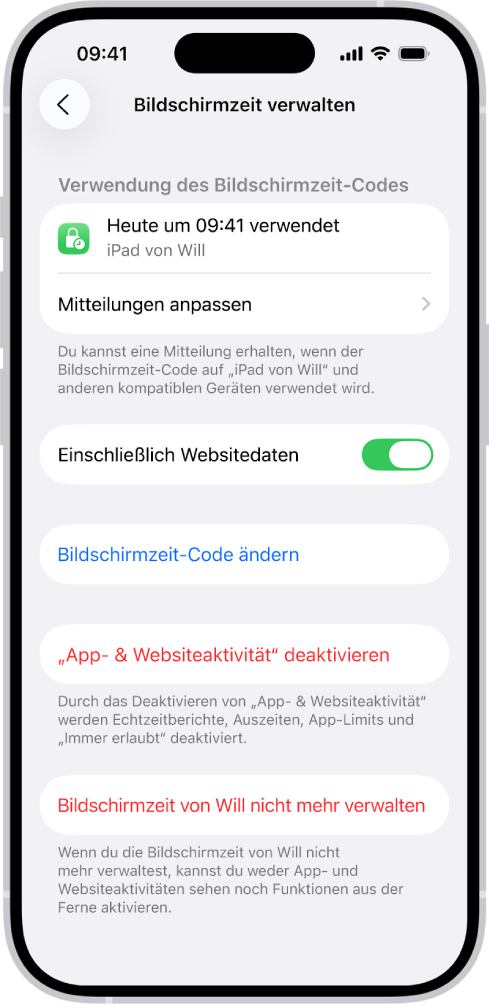 Der Bildschirm „Bildschirmzeit verwalten“ für ein Kind in einer Familie. Oben auf dem Bildschirm wird angezeigt, wann und auf welchem Gerät der Code zuletzt verwendet wurde.