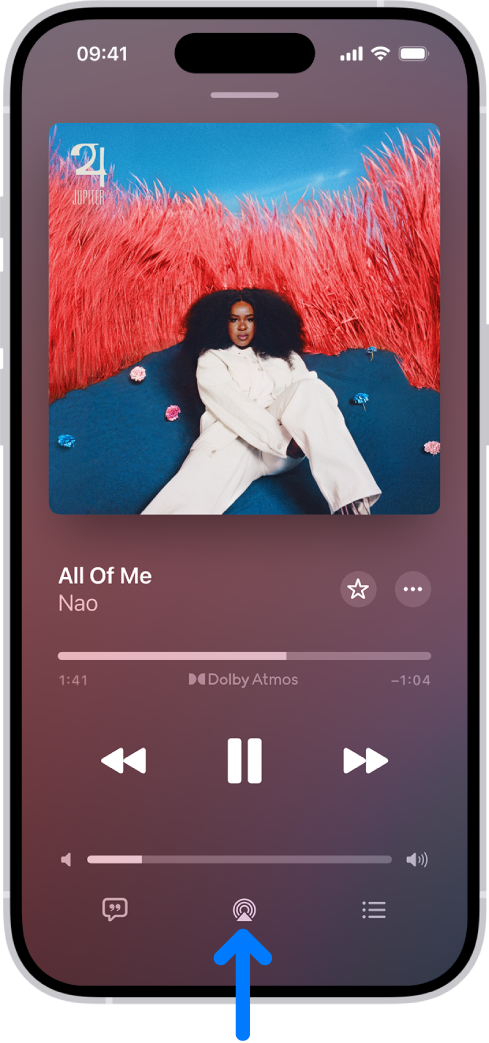 Die Steuerelemente für die Wiedergabe in der App „Musik“ einschließlich der Taste „Wiedergabeziel“ unten auf dem Bildschirm.