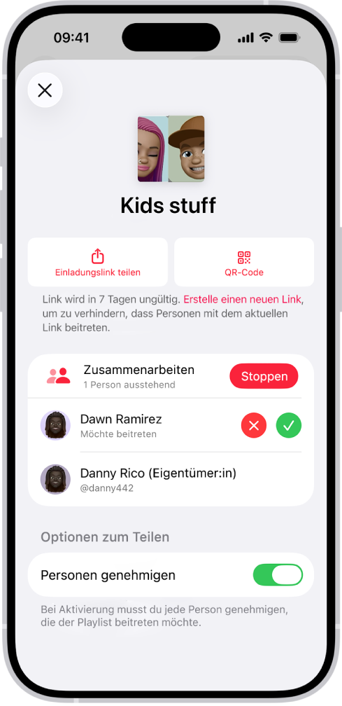 Der Bildschirm „Zusammenarbeit verwalten“ in der App „Musik“.