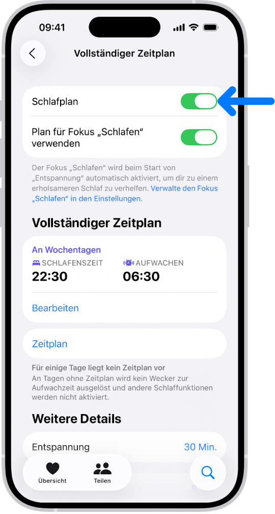 Der Schlafbildschirm „Vollständiger Zeitplan“ in der App „Health mit der aktivierten Option „Schlafplan“ oben.
