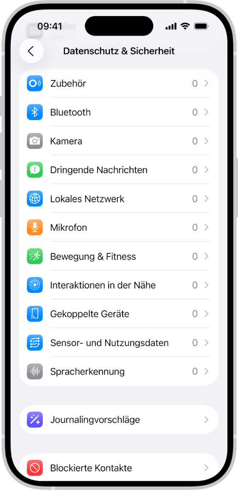 Der Bildschirm „Datenschutz & Sicherheit“ mit Einstellungen zum Steuern der Apps, die die Kamera, das Mikrofon und andere Komponenten deines iPhone verwenden dürfen.