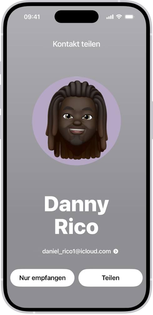 Ein NameDrop-Bildschirm mit dem Namen und der Nummer einer Person. Darunter befinden sich die Tasten „Nur empfangen“ und „Teilen“.