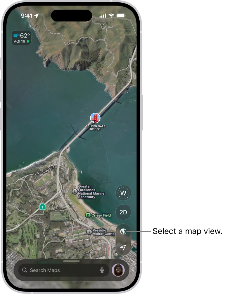 A 3D street and park map showing trees, points of interests, and locations like restrooms.