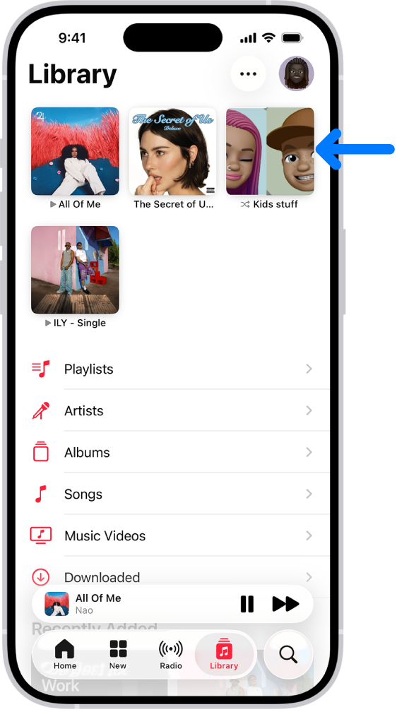 The Library tab with an arrow pointing out pinned items, such as a song, an album, and a playlist, at the top.